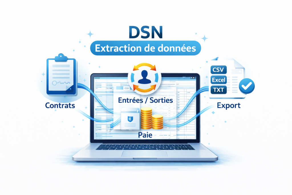 Logiciel extraction de données DSN en local : extrayez contrats, entrées/sorties, cotisations et rémunérations, puis exportez en CSV ou Excel.